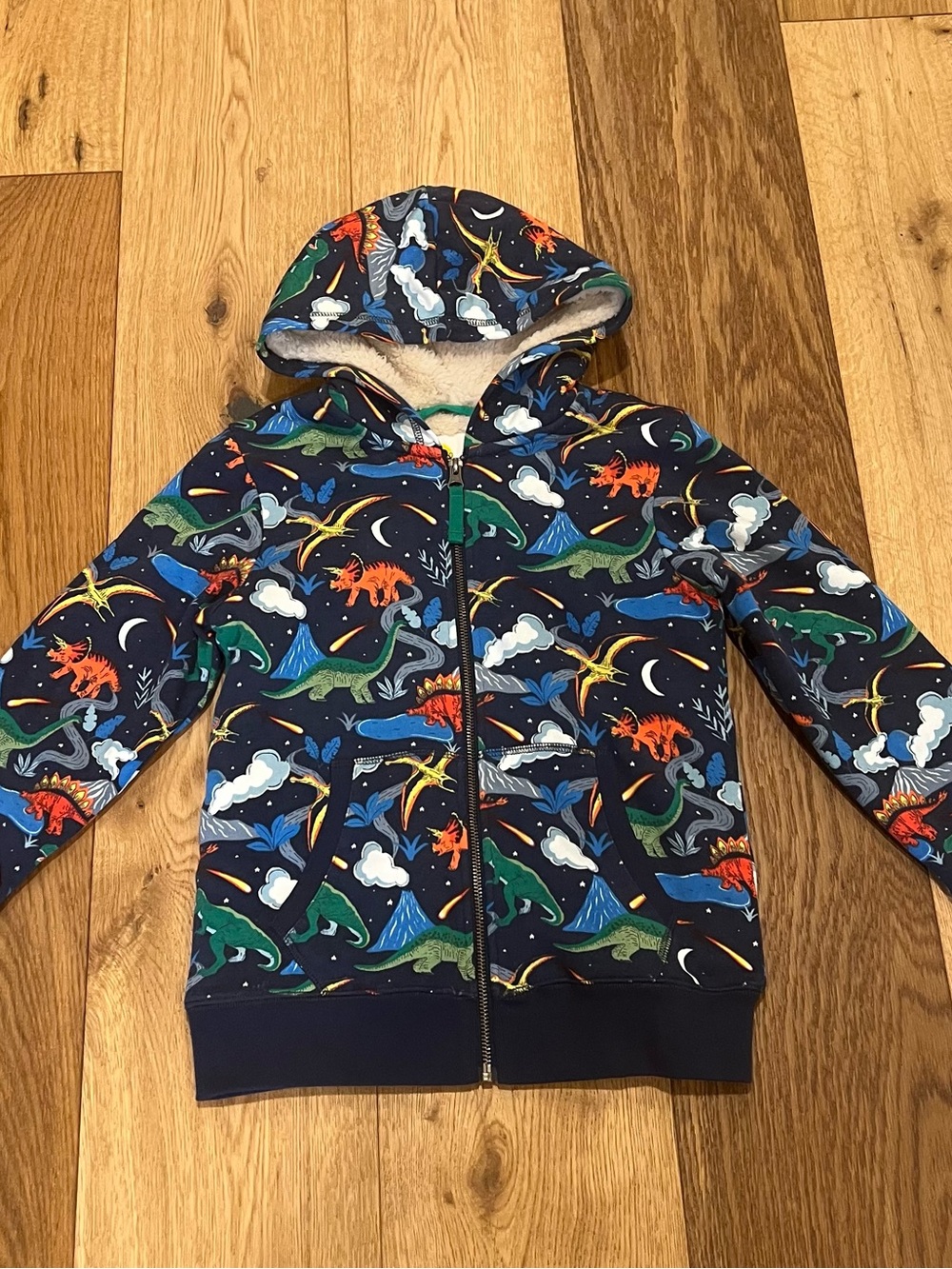 Mini Boden Navy Zip-Up Hoodie with Colorful Dinosaurs